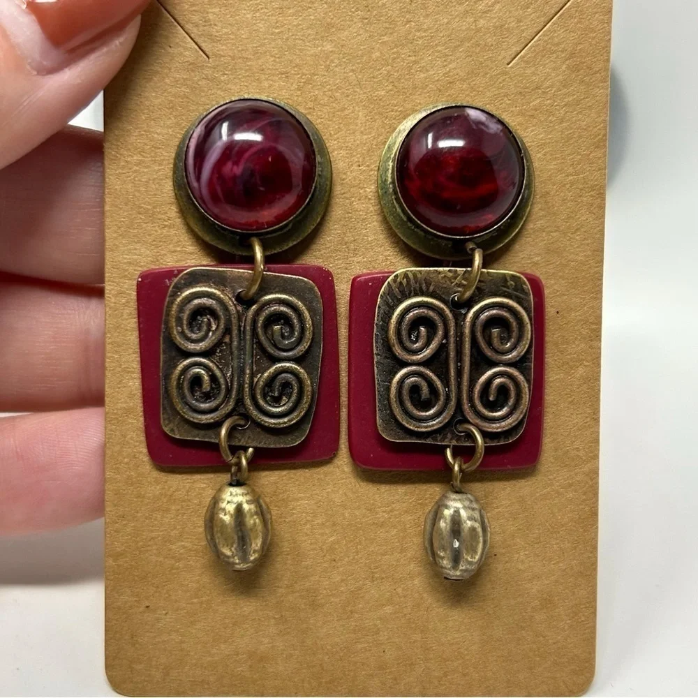 Boho Red Swirl Stud Dangle Earrings with Bronze Swirl Knotted Design Unique